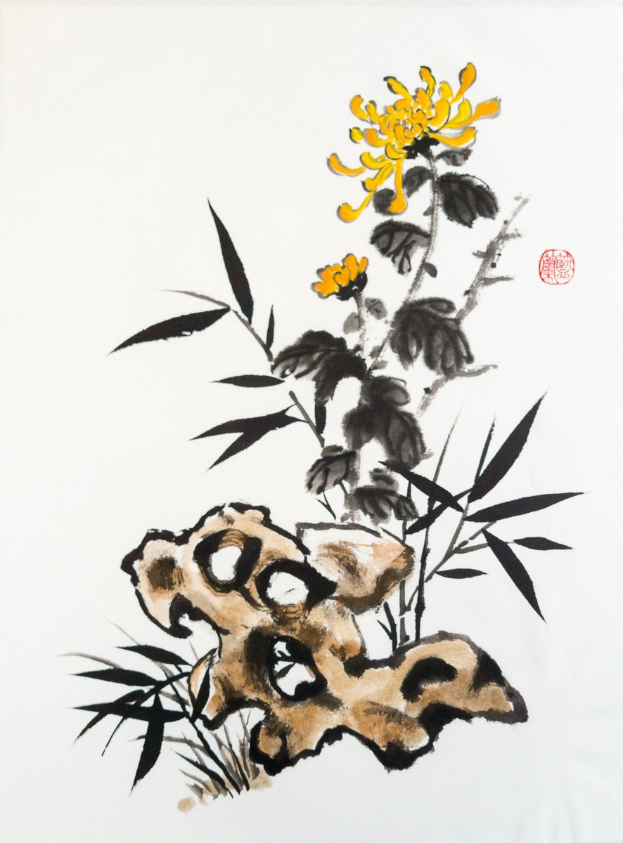 Expressive Watercolour , Chrysanthemum And Bamboo By Ilana Shechter, 14 X 18, Artwork For Sale On Artfinder