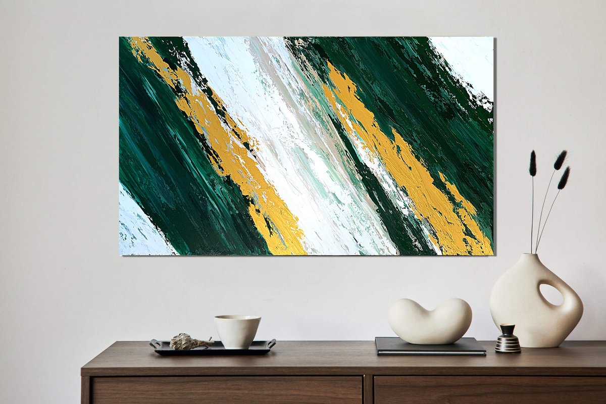 Expressive Landscape Acrylic Painting By Tatiana Malinovscaia, 47 X 28", Emerald Energy, Original Artwork