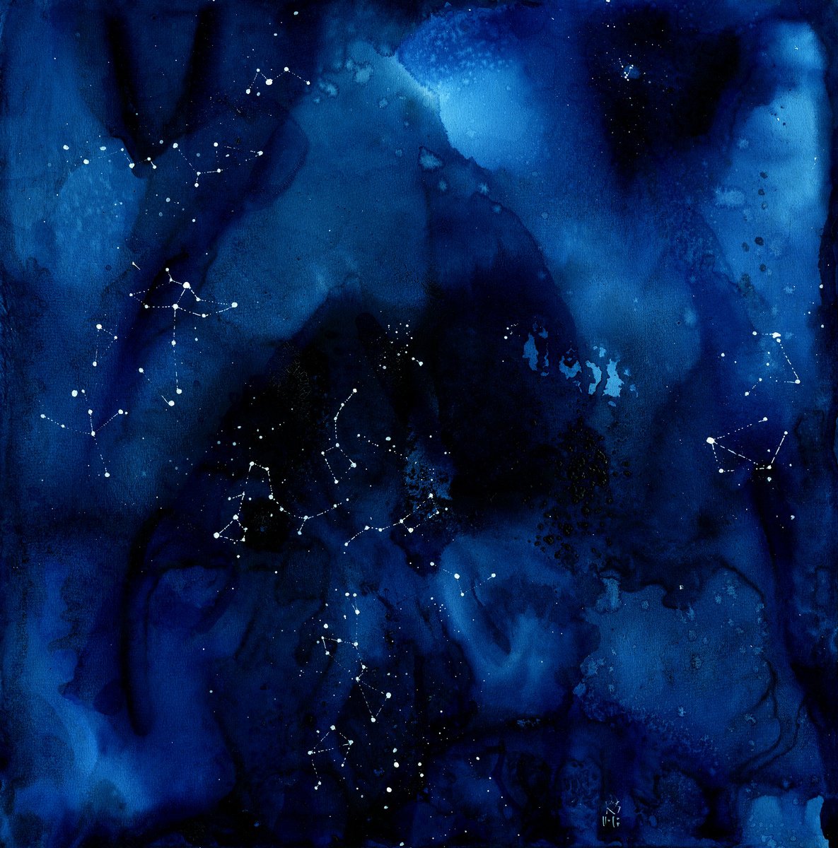 Depth of Space abstract dark blue watercolour with white dots constellations by Ksenia Selianko