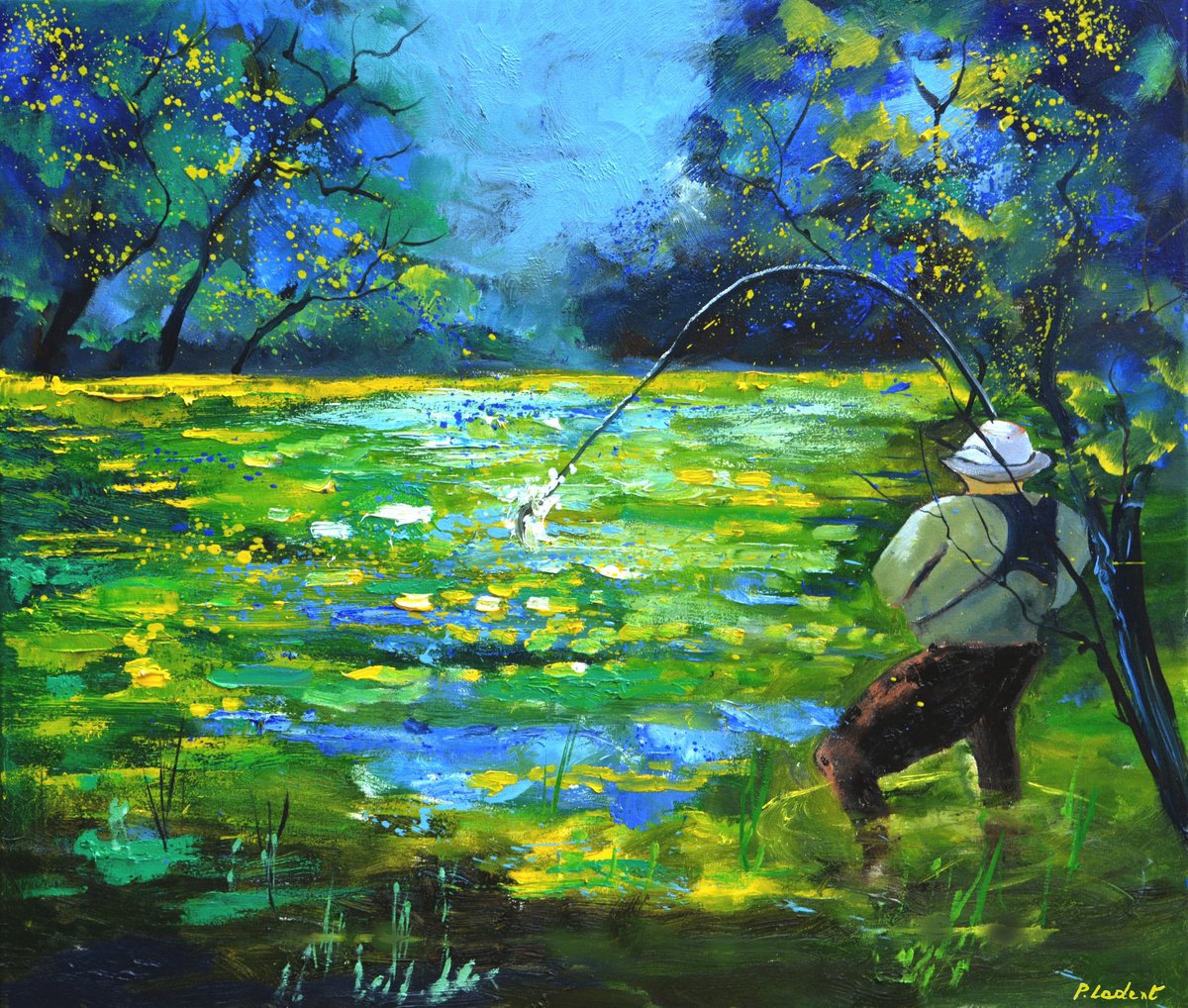 Catching A Trout By Pol Henry Ledent, 28 X 24, Artwork For Sale On Artfinder