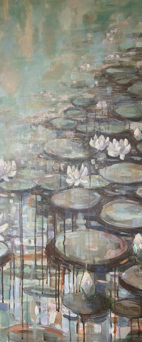 Rain on Lily pond by Colette Baumback