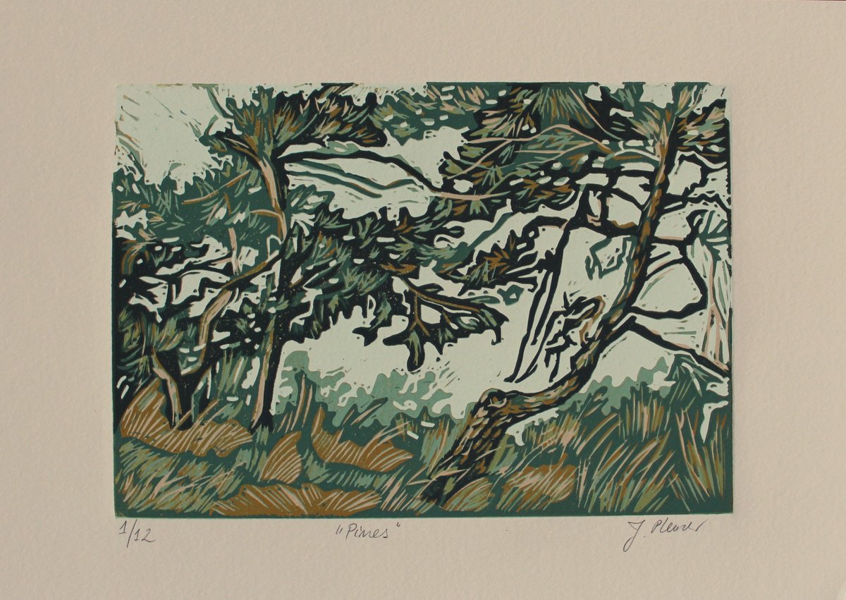 Graphic Landscape Linocut By Joanna Plenzler, 12 X 8, Pines, Original Artwork