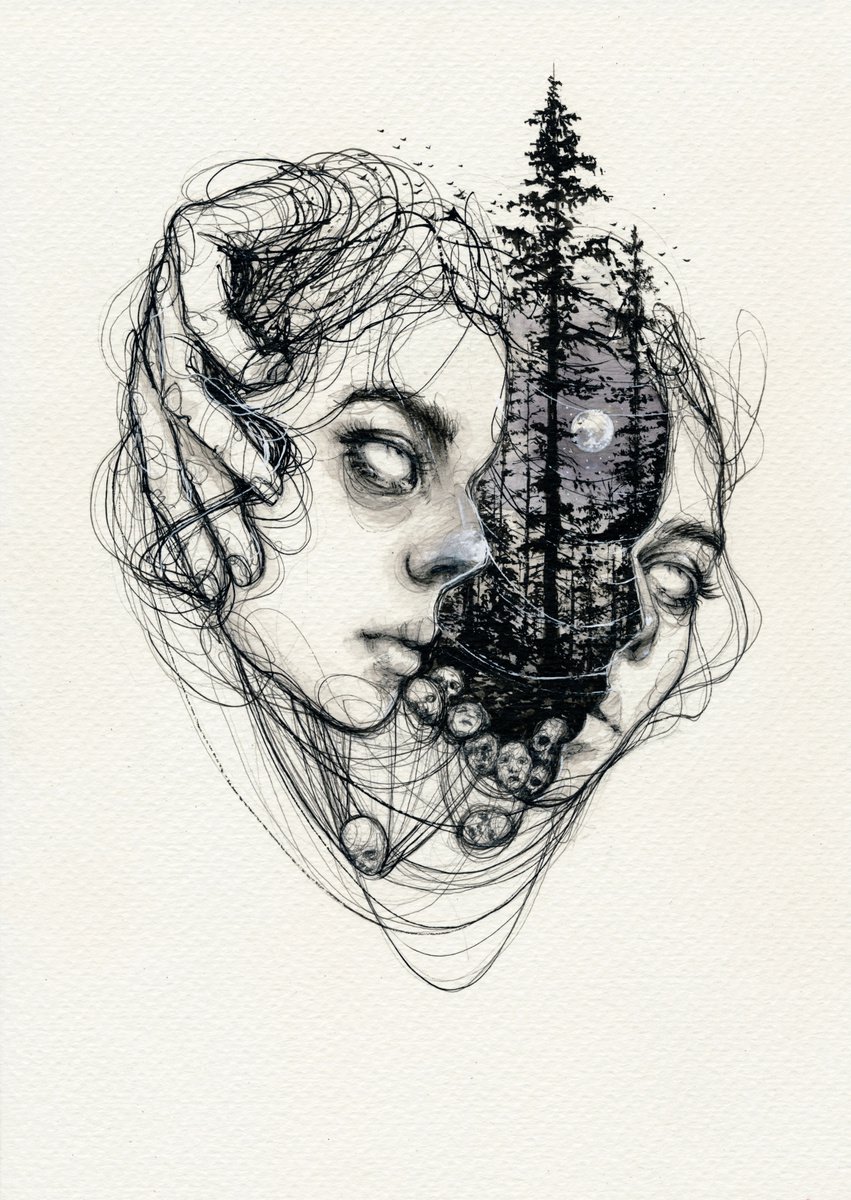 Expressive Portrait Ink Drawing By Doriana Popa, 8 X 12, Into The Woods, Original Artwork