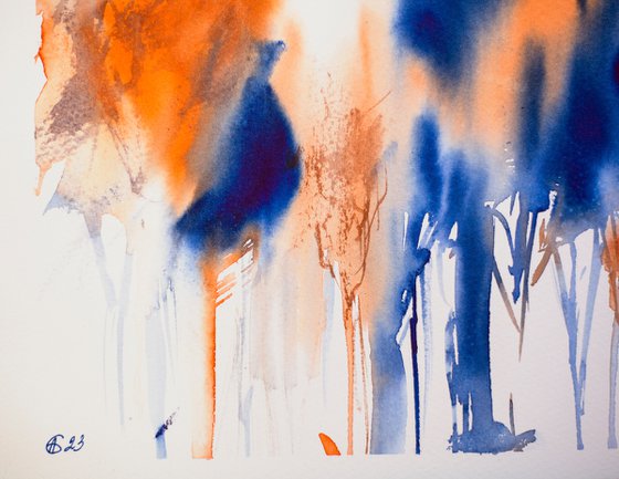 Abstract forest view. Small natural landscape watercolor, blue and orange