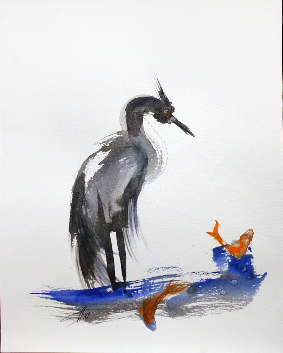 Expressive Watercolour , Gray Heron By Salana Art / Svetlana Samovarova, 9 X 12, Artwork For Sale On Artfinder
