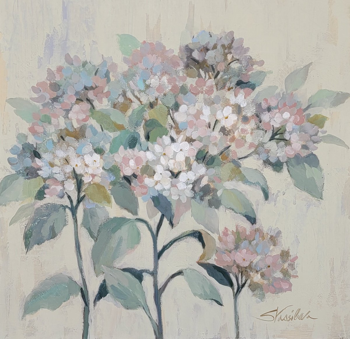 Impressionistic Botanical Acrylic Painting By Silvia Vassileva, 24 X 24", Romanic Hydrangeas, Original Artwork