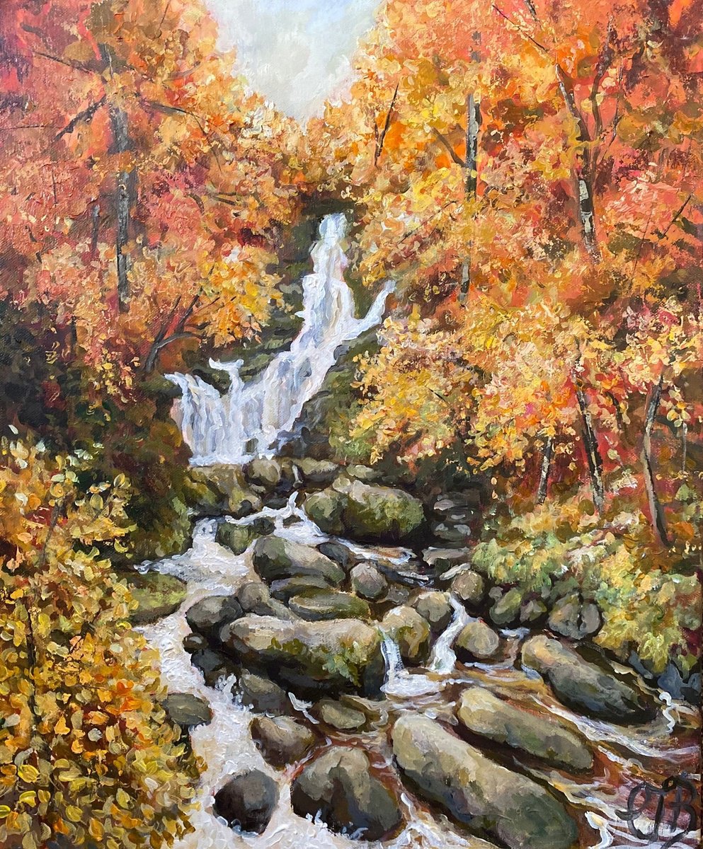 Impressionistic Landscape Acrylic Painting By Colette Baumback, 19 X 22, Waterfall In Autumn, Original Artwork
