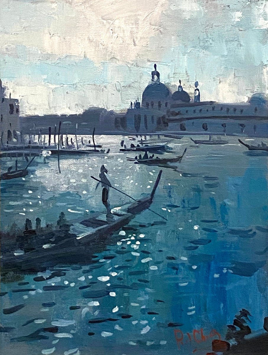 Impressionistic Cityscapes Oil Painting By Paul Cheng, 9 X 12", Venice Sunset, Original Artwork