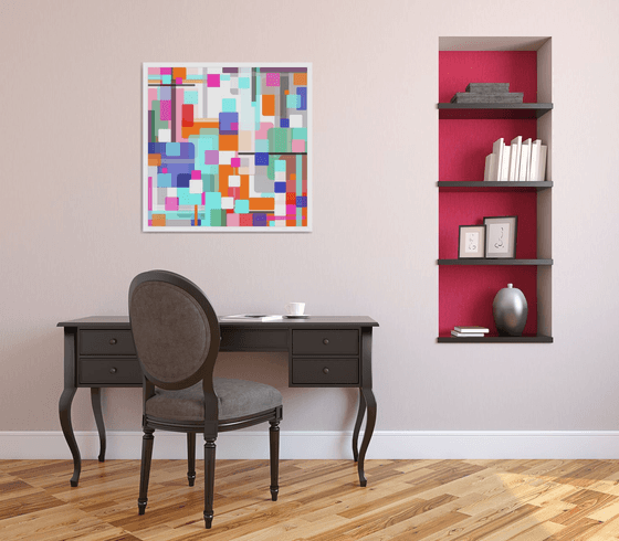 Abstraction artwork multi-colored orang yellow white pink blue black abstract