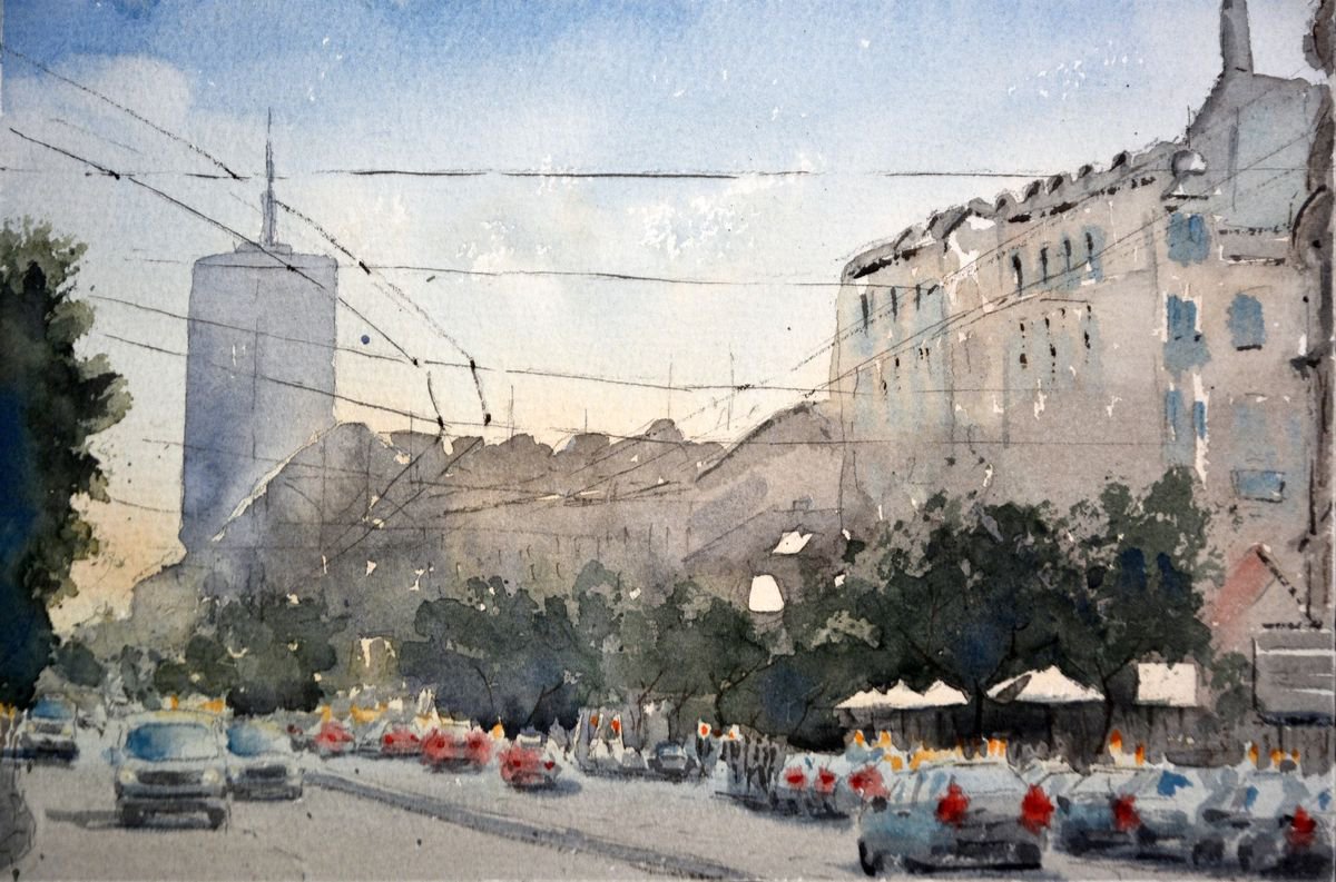 Traffic before hotel Moskva - original watercolor art by Nenad Kojic watercolorist