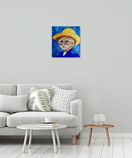 Cat La Van Gogh in a straw hat modern oil painting feline art Van Gogh influence art for animal lovers