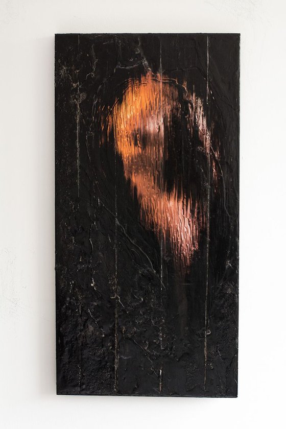 "Muse" (60x30x2,5cm) - Unique abstract nude artwork on wood (abstract, nude, gouache, original, painting, coffee, egg shells, acrylic, oil, watercolor, encaustics, beeswax, resin, wood)