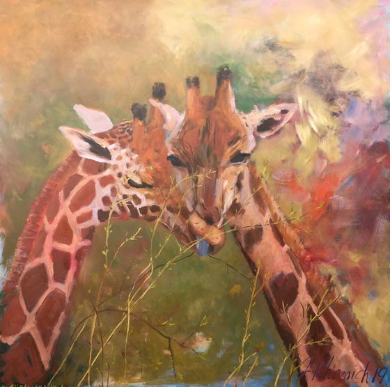 Giraffe faces, Animal painting, 90x90 oil on canvas