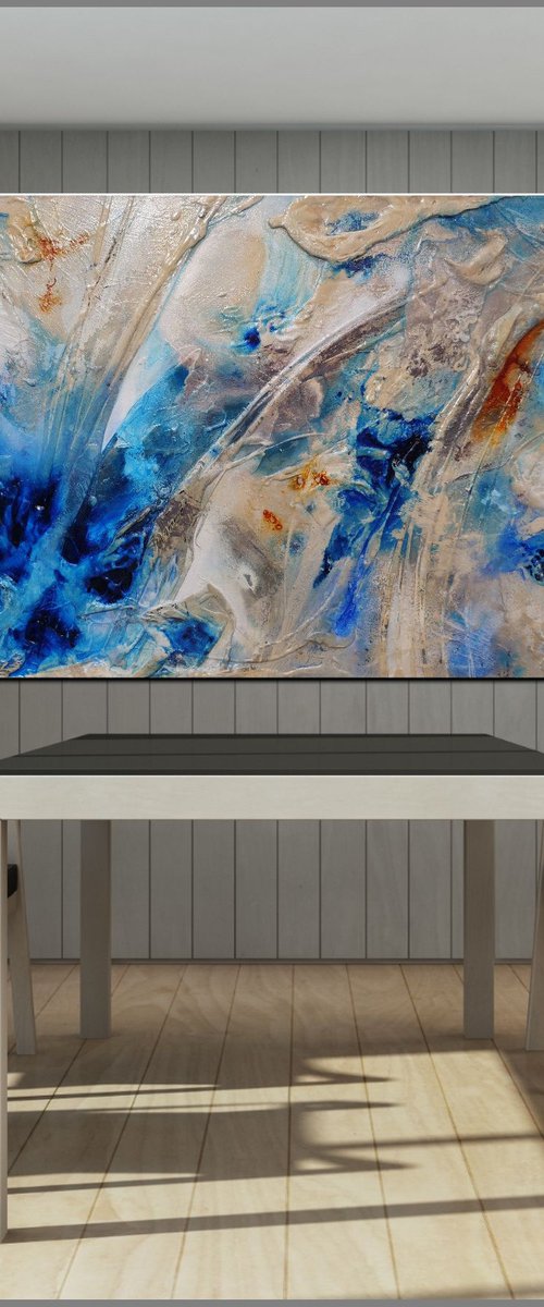 Rockin' The Casbah 190cm x 100cm Cream Blue Textured Abstract Art by Franko