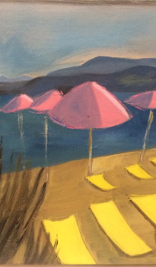 Pink umbrellas, yellow loungers by Laura Stamps