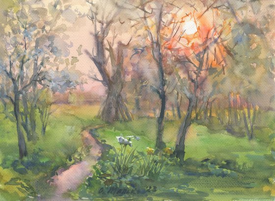 And the nightingales will sing soon... The path in my spring garden / ORIGINAL watercolor 12,2x9,1in (31x23cm)