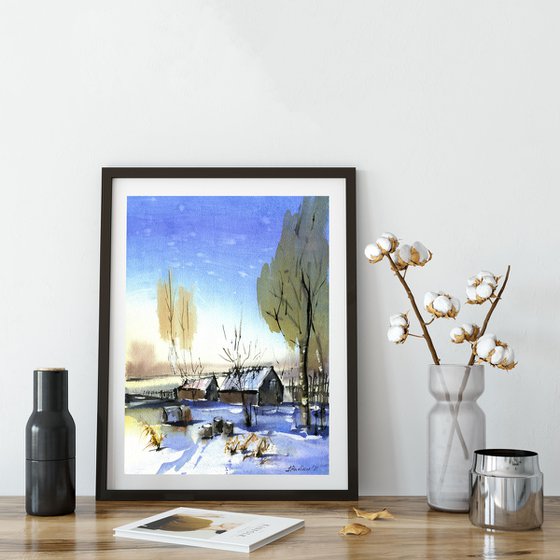 Winter sunset in the countryside original watercolor painting, snowy landscape