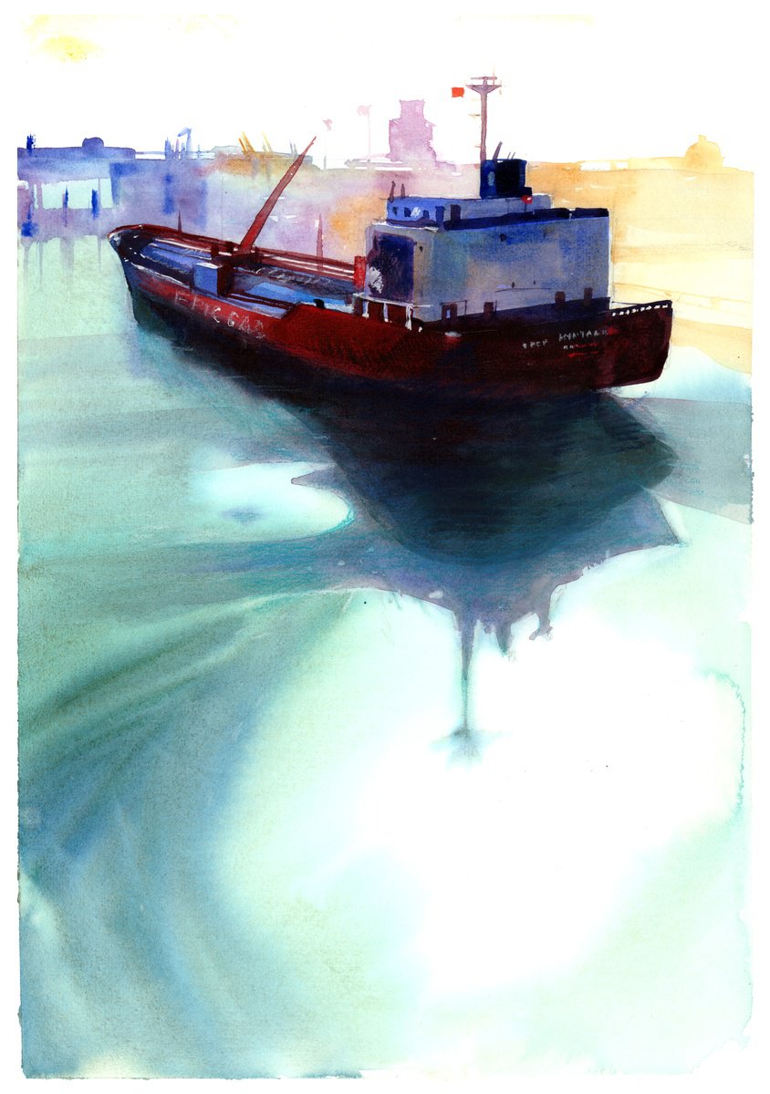 Impressionistic Transport Watercolour By Anastasia Mamoshina, 12 X 17, Twilight Cargo Grace, Original Artwork