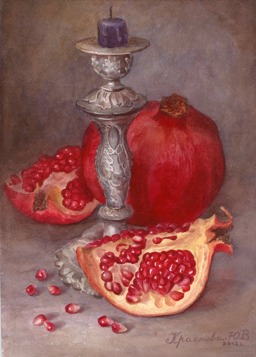 Photorealistic Still Life Watercolour By Yulia Krasnov, 8 X 12", Pomegranate Seeds, Original Artwork