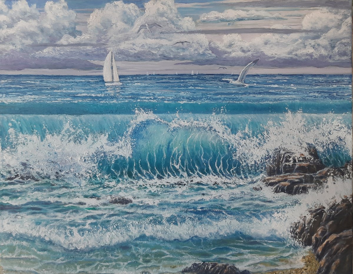 Photorealistic Landscape Acrylic Painting By John Howes, 20 X 16, Seascape With Gulls And Sails., Original Artwork