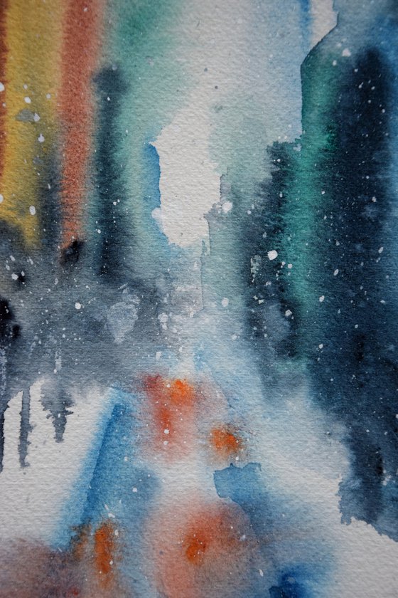 Snowy New York watercolor painting, original abstract cityscape, winter Manhattan