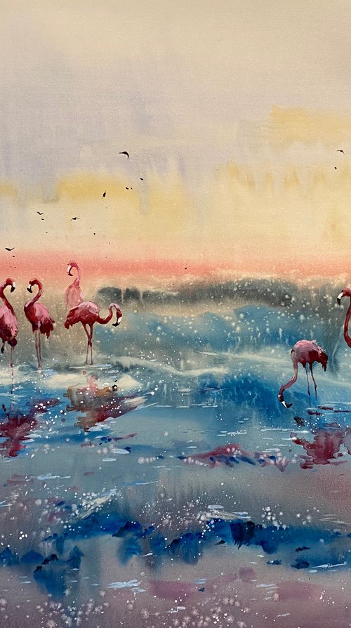 Watercolor “Flamingos Heaven no.2” perfect gift by Iulia Carchelan