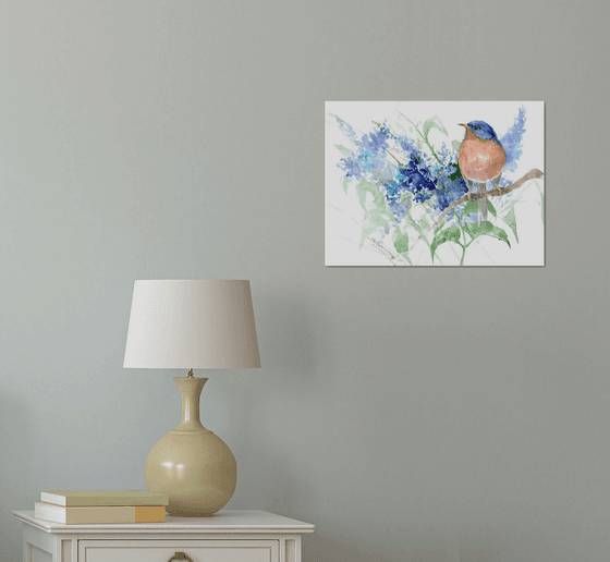 Bluebird and Blue Flowers