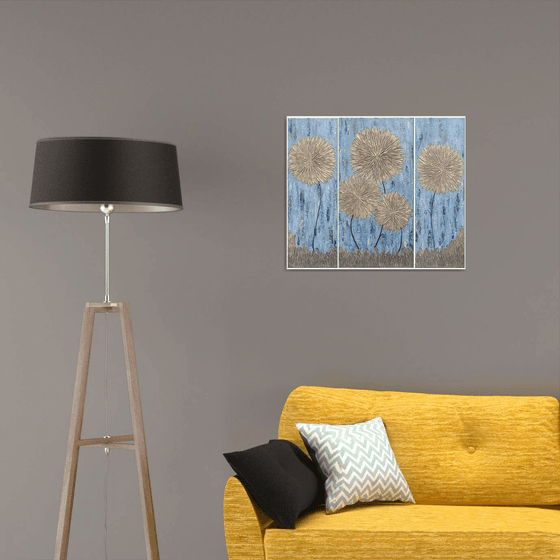 GOLD ASTERS WITH BLUE BACKGROUND (20X60, 30X60, 20X60size, texture, Modern art )