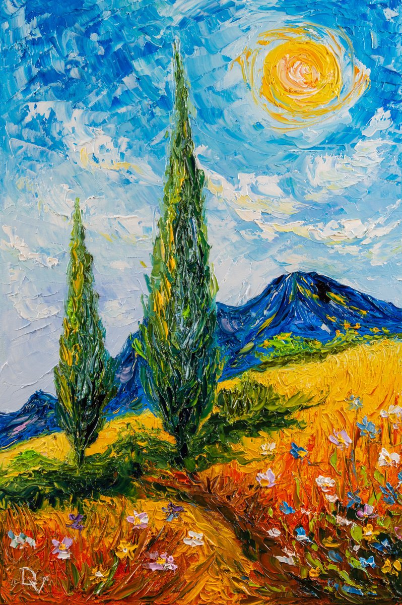 Impressionistic Landscape Oil Painting By Vladyslav Durniev, 16 X 24", Whispers Of The Cypress, Original Artwork