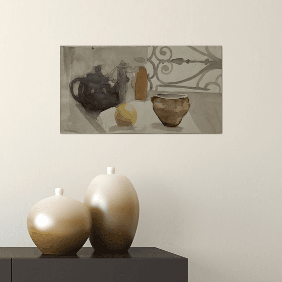 Still Life with Teapot and Apple, 46x25 cm
