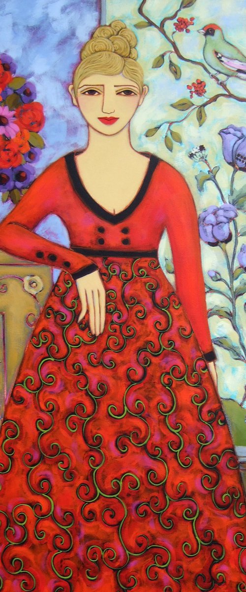 Woman with Bouquet and Bird by Karen Rieger