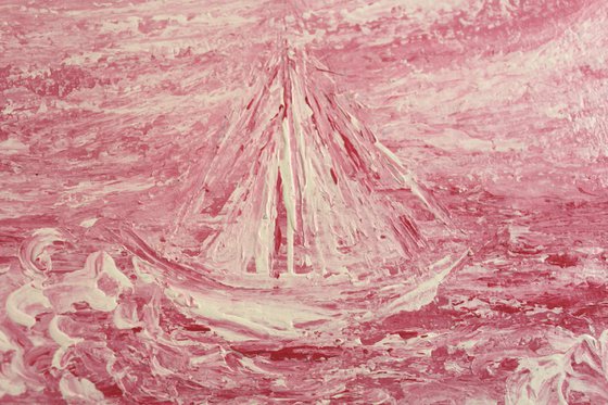 Sail - Impressionistic Seascape painting of a sail boat on acrylic paper - Pink seascape