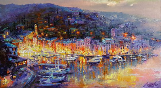 Painting Italian landscape, evening romantic cityscape, Italian Riviera coast of italy -  Portofino