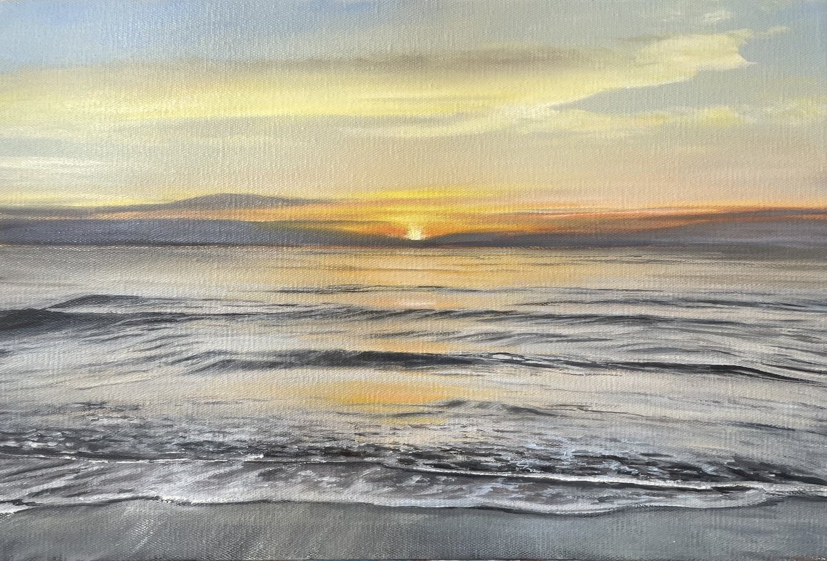 Photorealistic Landscape Oil Painting By Aflatun Israilov, 24 X 16, Ocean Sunset, Original Artwork