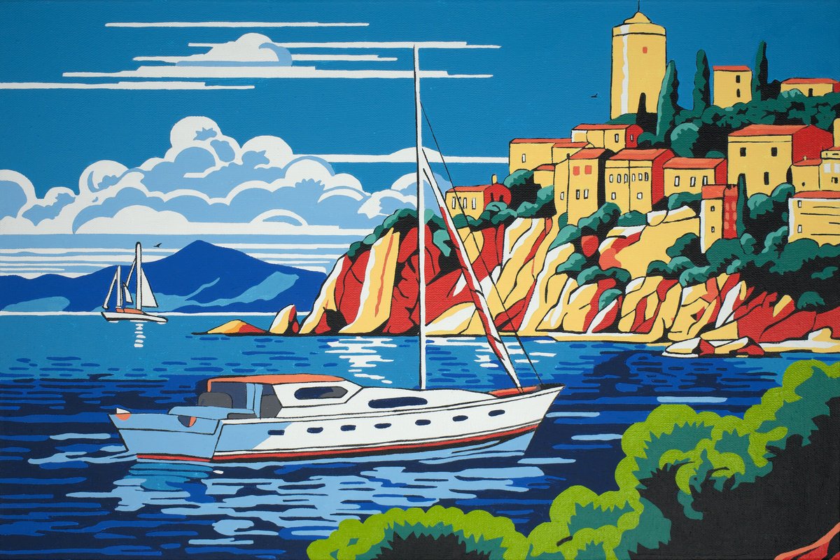 Illustrative Landscape Acrylic Painting By Kosta Morr, 24 X 16", Yachts At The Castle Iii, Original Artwork
