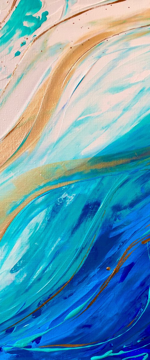 FLYING OVER THE SEASHORE - Ocean abstraction. Marine theme. Sea shore. Blue water. Strait. Sand. Lagoon. by Marina Skromova