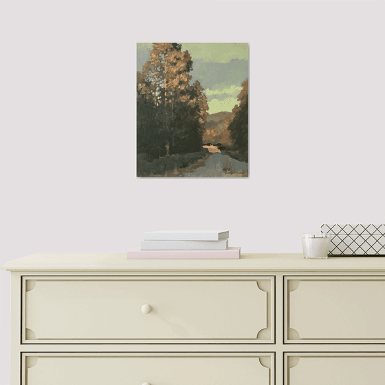 Original Oil Painting Wall Art Artwork Signed Hand Made Jixiang Dong Canvas 25cm × 30cm Park Sunset small building Impressionism