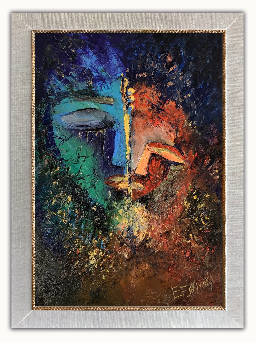 Abstract Portrait Oil Painting By Eleonora Bakalova, 15 X 20, Maternal Telepathy, Original Artwork