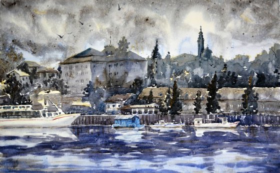 View over Sava river, original watercolor painting by Nenad Kojić