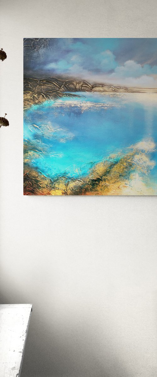 A large original modern semi-abstract figurative seascape painting "Deep Inside" by Vera Hoi