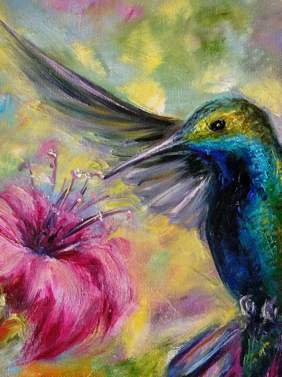 Ready to Hang Flying Hummingbird Bird Art Tropical Flower Wildlife Nature