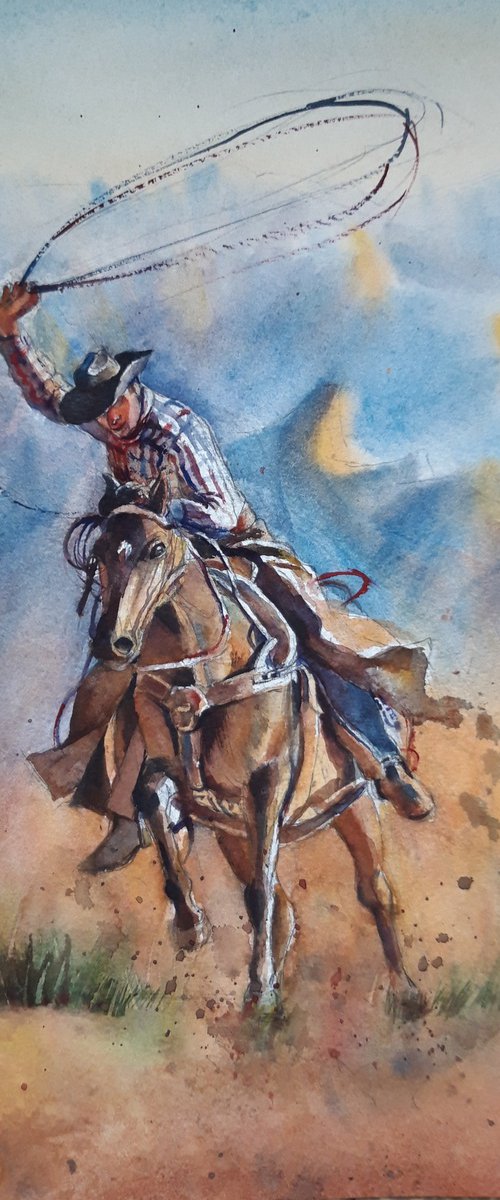 CowboyArt, HorseArt, WesternArt, Watercolor, RanchLife, WildWest, RodeoArt, TexasArt, BroncRiding, LandscapeArt by Bozhidara Mircheva