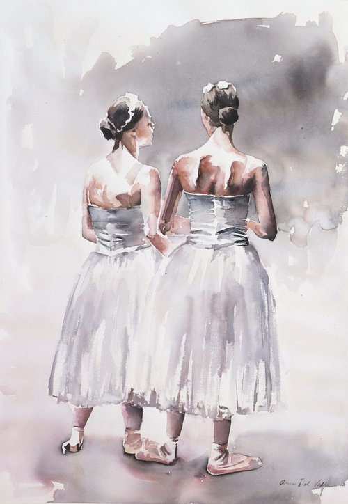 Ballerina's in watercolour "Before the show" by Aimee Del Valle