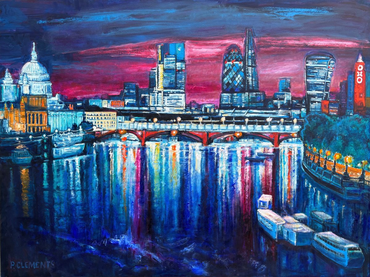 Impressionistic Cityscapes Oil Painting By Patricia Clements, 48 X 36", Reflections Of London Lights, Original Artwork