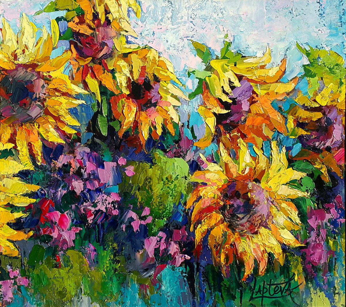 Sunlit Sunflowers By Viktoria Lapteva, 23 X 21, Artwork For Sale On Artfinder