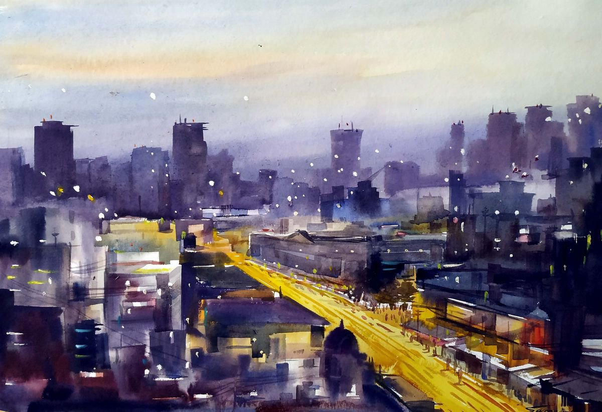Evening City from Top View - Watercolor on Paper Painting by Samiran Sarkar