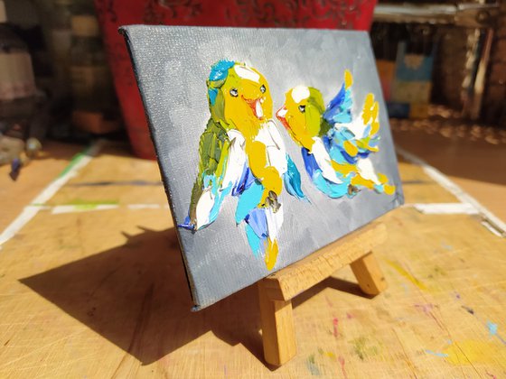 Little love -  birds, birds love, animals oil painting, art bird, Impressionism, palette knife, gift.