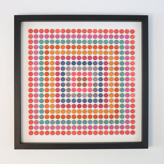 Abstract art wood dot collage 'concentric square of dots' Red