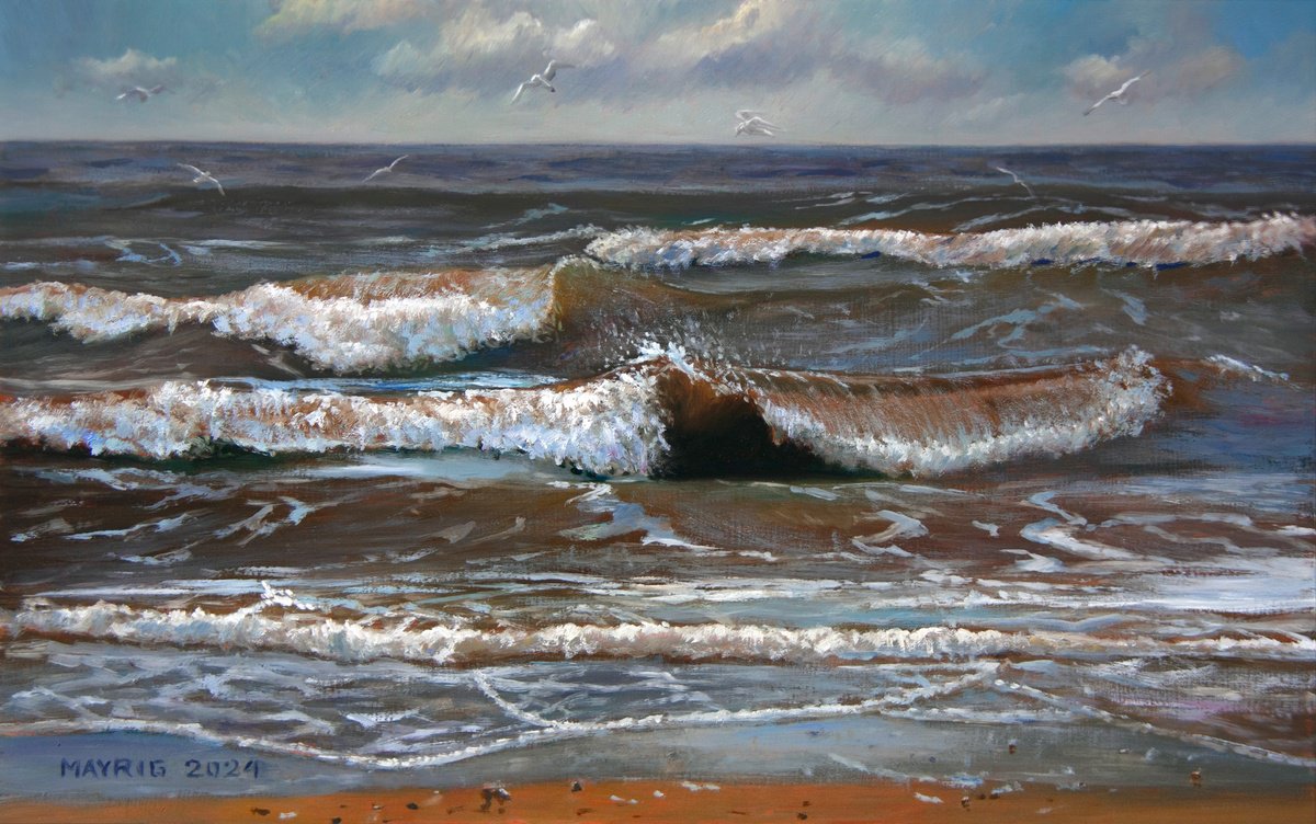 Photorealistic Landscape Oil Painting By Mayrig Simonjan, 16 X 10", North Sea Coast, Original Artwork