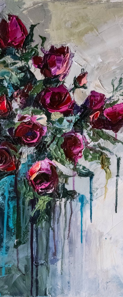 Red Roses Textured Painting by Mily Art